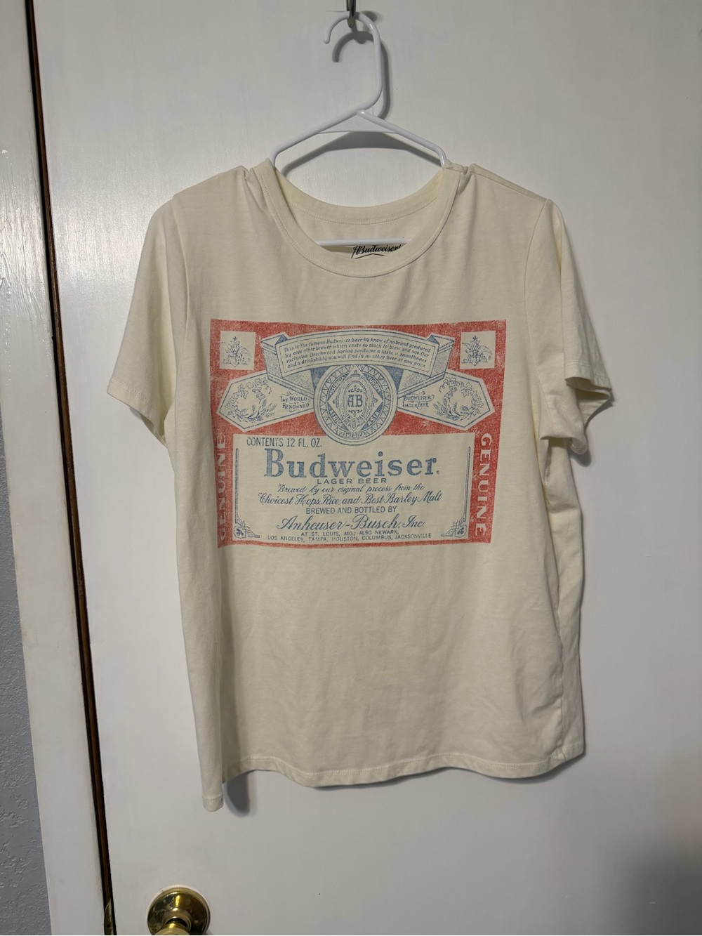 Budweiser Cream Tee with Red and Blue Label Graphic